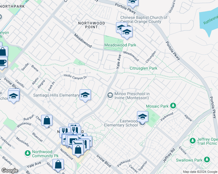 map of restaurants, bars, coffee shops, grocery stores, and more near Yale Ave & Hicks Canyon Dr in Irvine