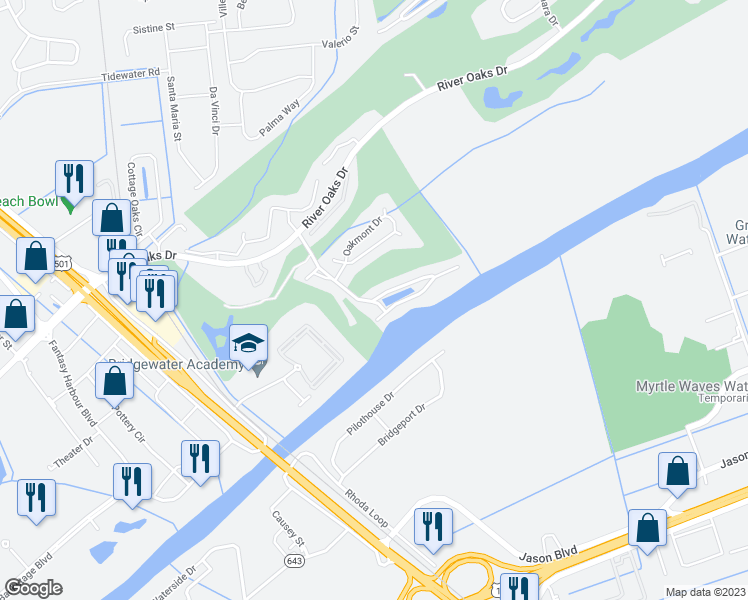 map of restaurants, bars, coffee shops, grocery stores, and more near 607 Waterway Village Boulevard in Myrtle Beach