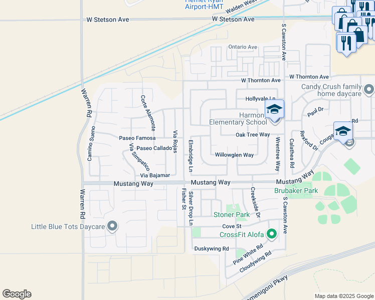 map of restaurants, bars, coffee shops, grocery stores, and more near 1619 Elmbridge Lane in Hemet