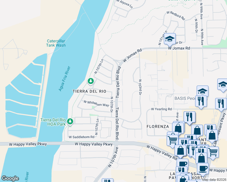 map of restaurants, bars, coffee shops, grocery stores, and more near 26097 North 107th Drive in Peoria