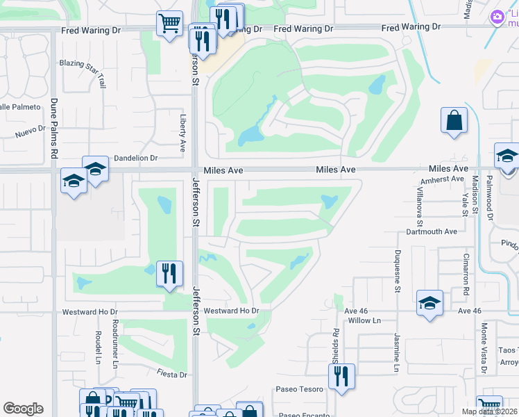 map of restaurants, bars, coffee shops, grocery stores, and more near 80220 Green Hills Drive in Indio