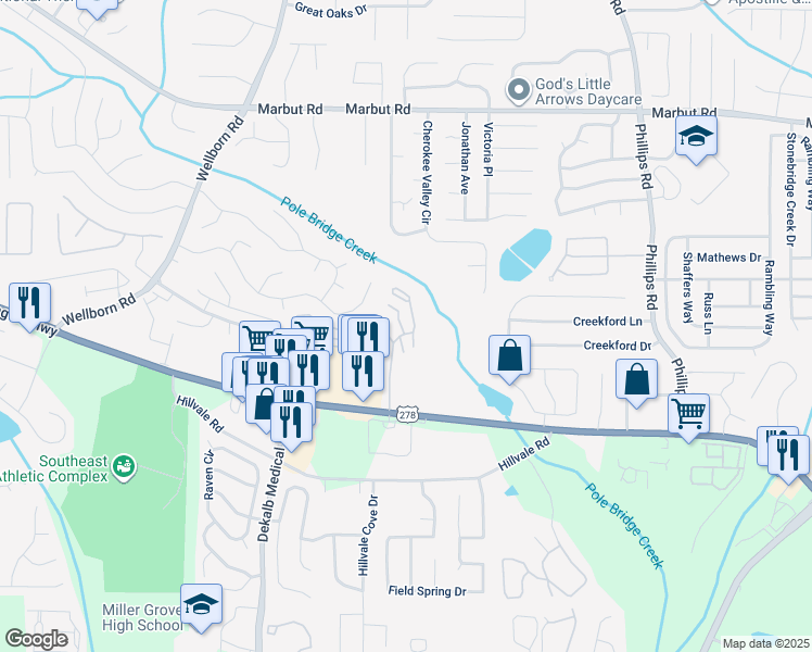 map of restaurants, bars, coffee shops, grocery stores, and more near 204 Woodcrest Walk in Lithonia