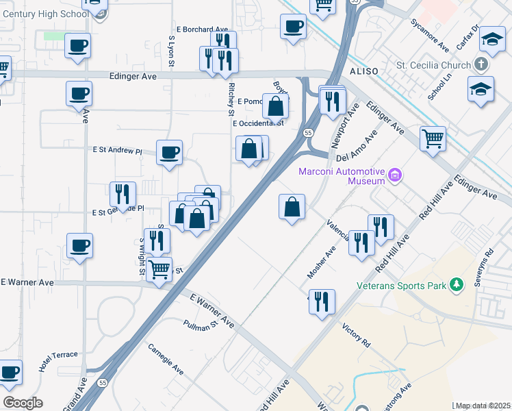 map of restaurants, bars, coffee shops, grocery stores, and more near 1016 Valencia Avenue in Tustin