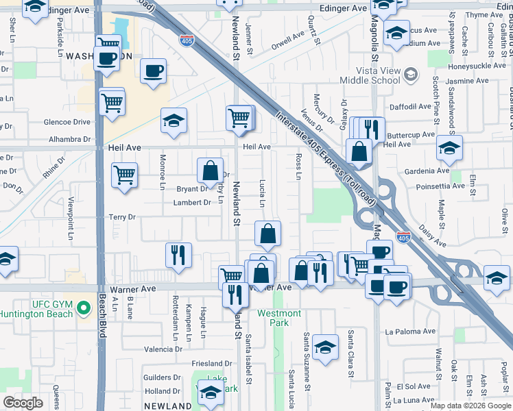 map of restaurants, bars, coffee shops, grocery stores, and more near 8561 Orinda Circle in Huntington Beach