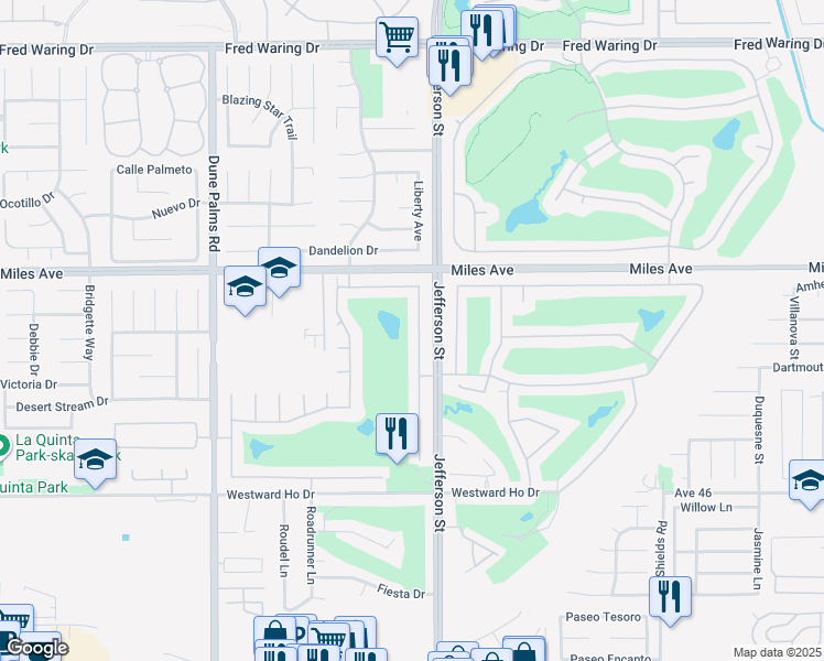 map of restaurants, bars, coffee shops, grocery stores, and more near 45271 Big Canyon Street in Indio