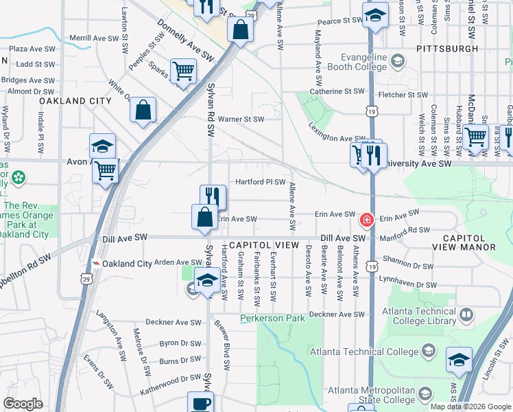 map of restaurants, bars, coffee shops, grocery stores, and more near 844 Beechwood Avenue Southwest in Atlanta