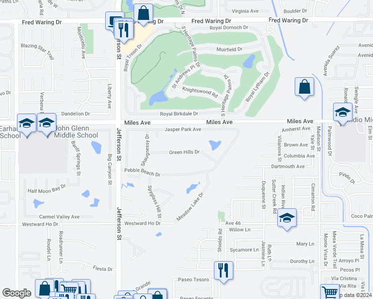 map of restaurants, bars, coffee shops, grocery stores, and more near 80336 Green Hills Drive in Indio