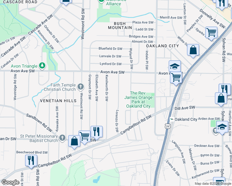 map of restaurants, bars, coffee shops, grocery stores, and more near 1287 Lorenzo Drive Southwest in Atlanta