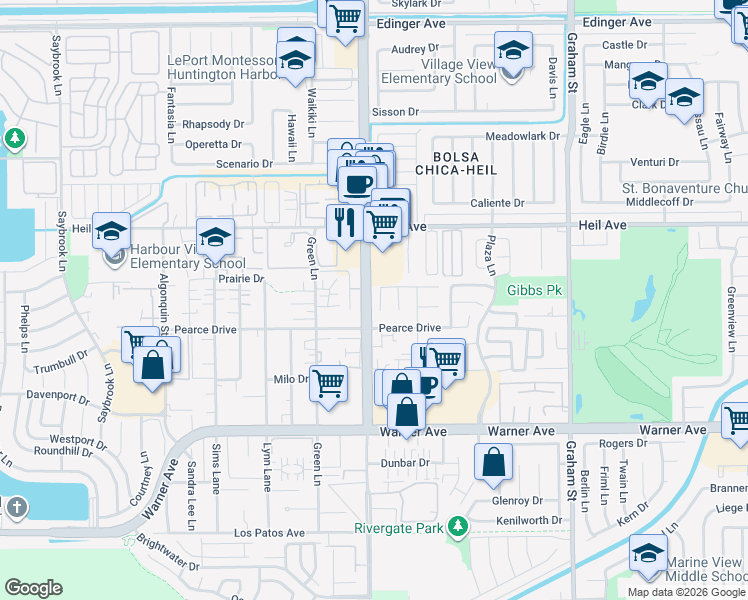 map of restaurants, bars, coffee shops, grocery stores, and more near 16661 Parlay Circle in Huntington Beach