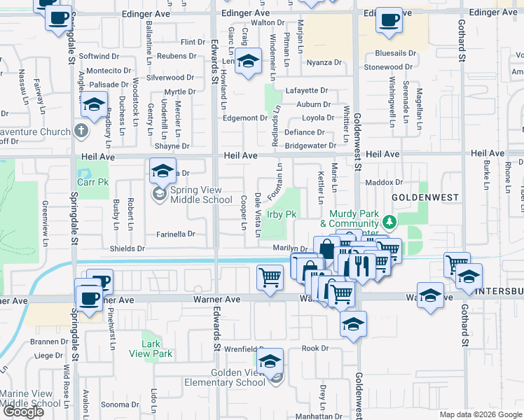 map of restaurants, bars, coffee shops, grocery stores, and more near 16692 Dale Vista Lane in Huntington Beach