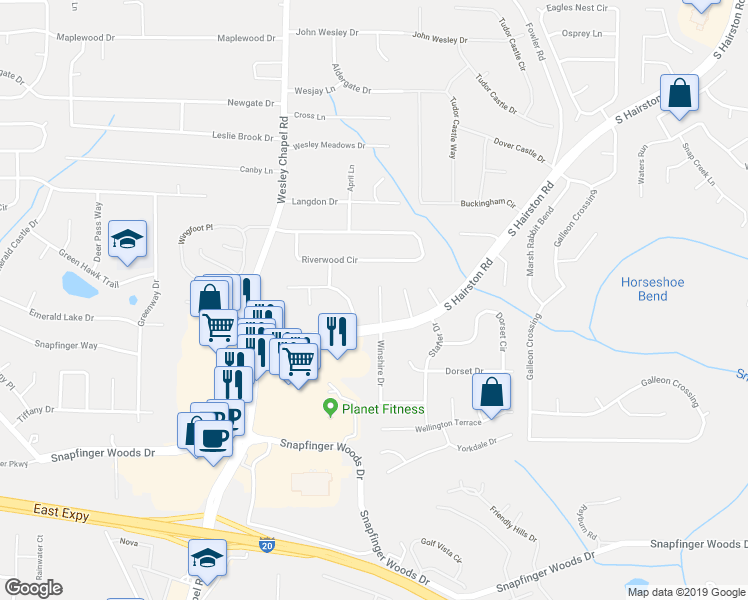 map of restaurants, bars, coffee shops, grocery stores, and more near 2325 Pebble Rock West in Decatur