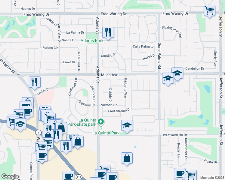 map of restaurants, bars, coffee shops, grocery stores, and more near 79150 Cindy Court in La Quinta