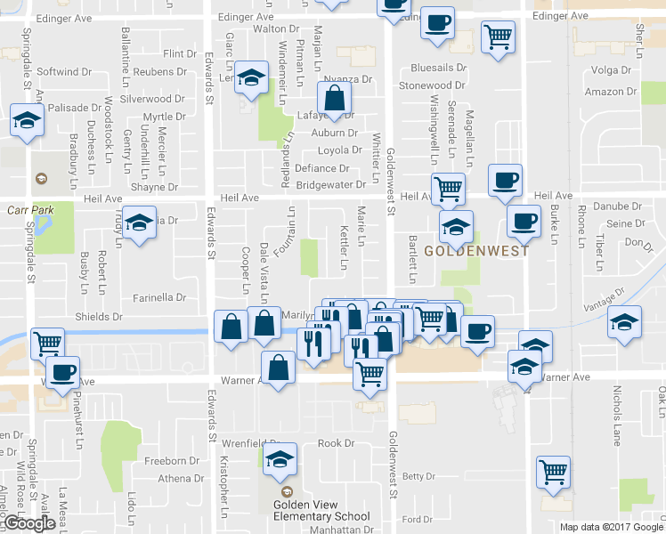 map of restaurants, bars, coffee shops, grocery stores, and more near 16682 Simonne Lane in Huntington Beach