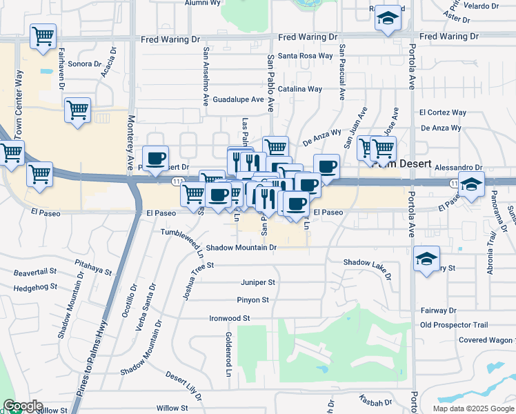 map of restaurants, bars, coffee shops, grocery stores, and more near 73-470 El Paseo in Palm Desert