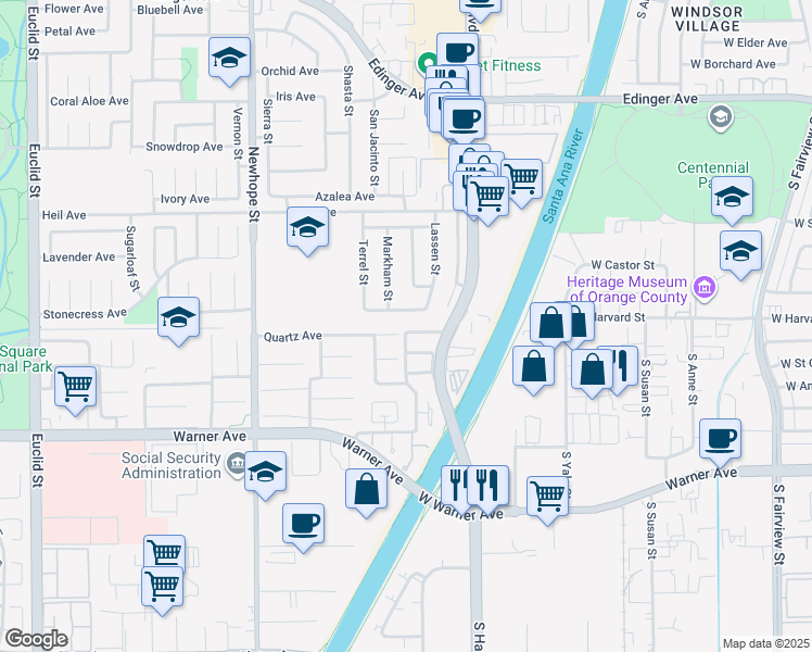 map of restaurants, bars, coffee shops, grocery stores, and more near 11845 Goodale Avenue in Fountain Valley