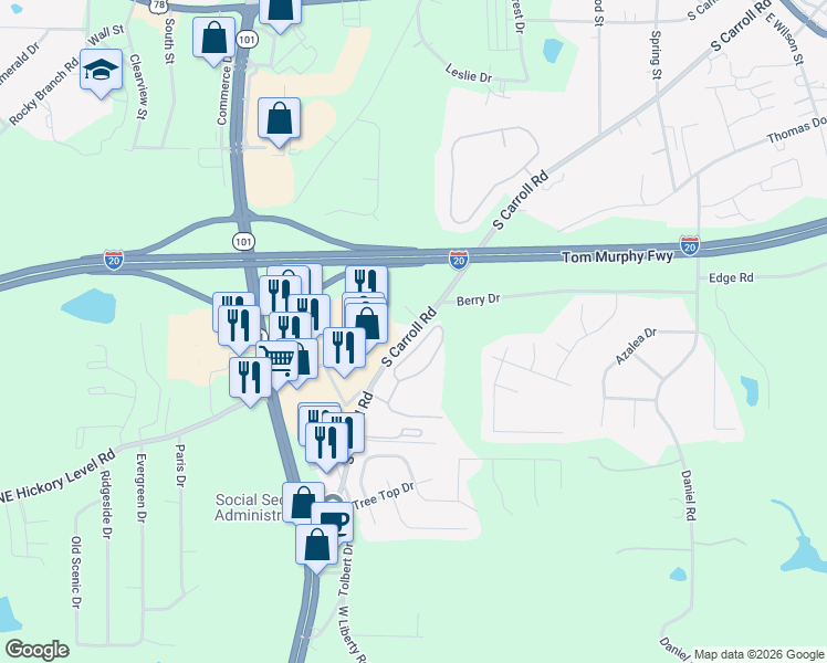 map of restaurants, bars, coffee shops, grocery stores, and more near 701 Wildwood Glenn in Villa Rica