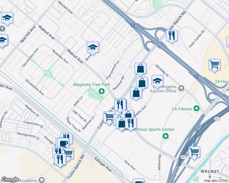 map of restaurants, bars, coffee shops, grocery stores, and more near 14482 Raintree Road in Tustin