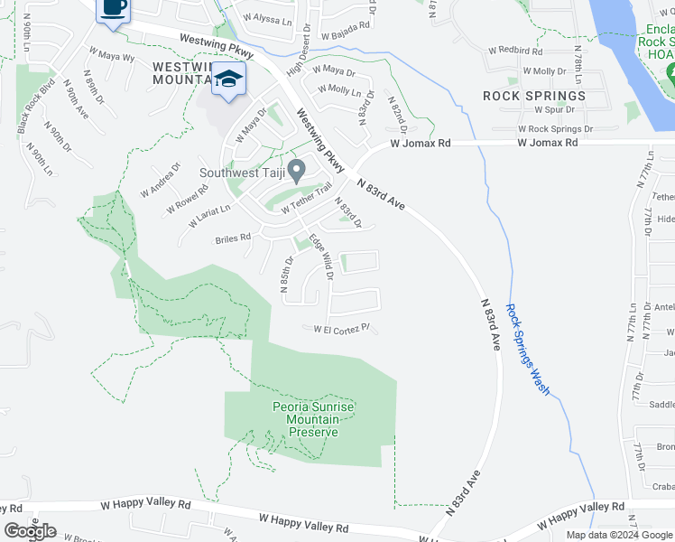 map of restaurants, bars, coffee shops, grocery stores, and more near 26076 North 83rd Lane in Peoria