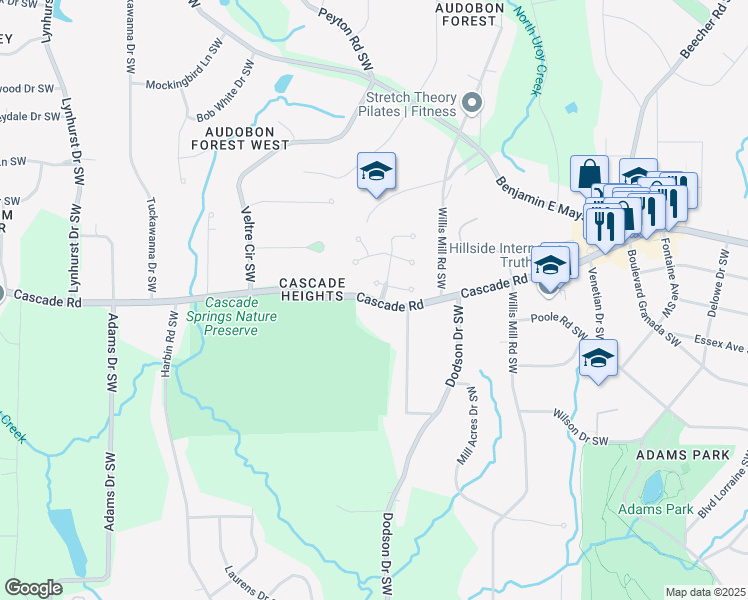 map of restaurants, bars, coffee shops, grocery stores, and more near 2647 Cascade Road Southwest in Atlanta