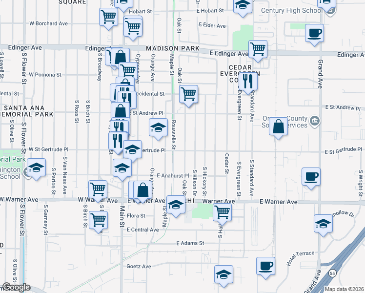 map of restaurants, bars, coffee shops, grocery stores, and more near 2068 Oak Street in Santa Ana