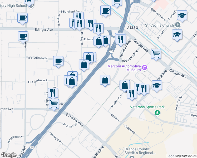 map of restaurants, bars, coffee shops, grocery stores, and more near 1100 Valencia Avenue in Tustin