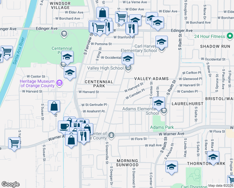 map of restaurants, bars, coffee shops, grocery stores, and more near 2514 West Harvard Street in Santa Ana