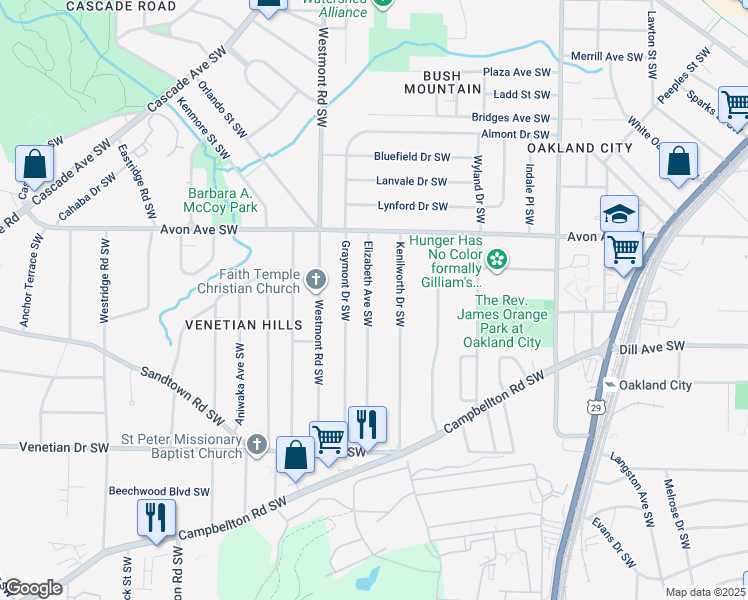 map of restaurants, bars, coffee shops, grocery stores, and more near 1280 Elizabeth Avenue Southwest in Atlanta