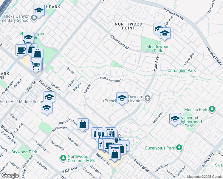 map of restaurants, bars, coffee shops, grocery stores, and more near 8 Glorieta East in Irvine