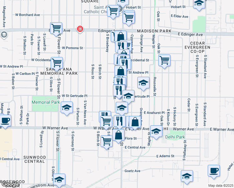 map of restaurants, bars, coffee shops, grocery stores, and more near 2071 South Sycamore Street in Santa Ana