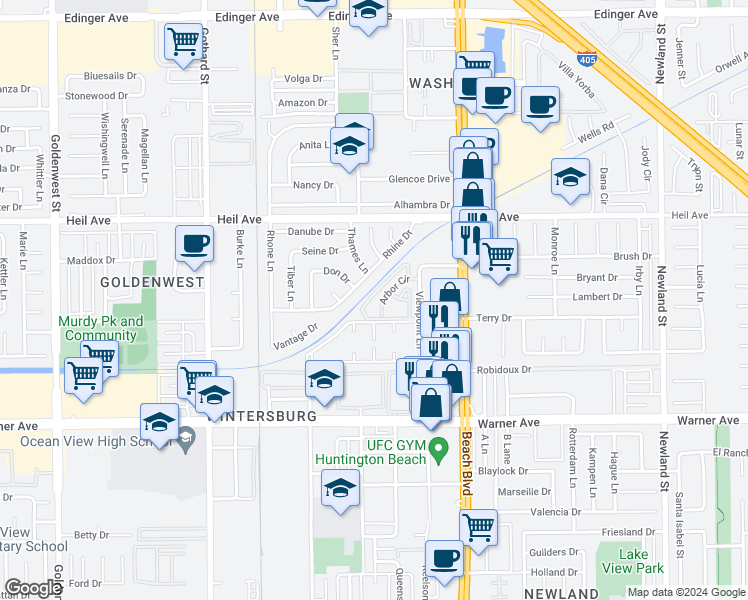 map of restaurants, bars, coffee shops, grocery stores, and more near 16735 Arbor Circle in Huntington Beach