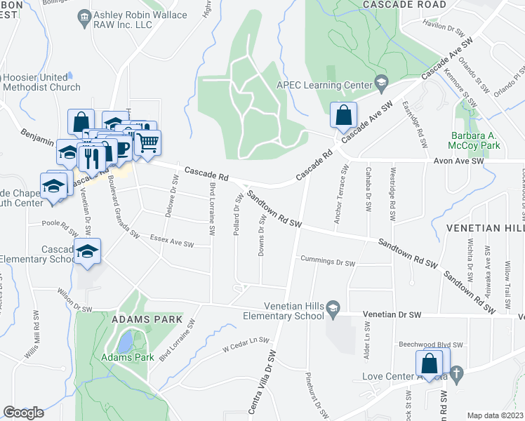 map of restaurants, bars, coffee shops, grocery stores, and more near 2068 Sandtown Road Southwest in Atlanta