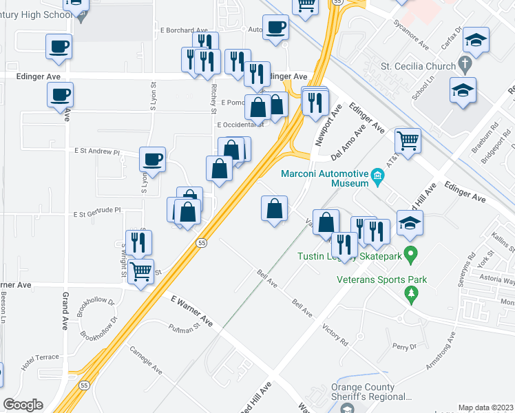 map of restaurants, bars, coffee shops, grocery stores, and more near 1100 Valencia Avenue in Tustin