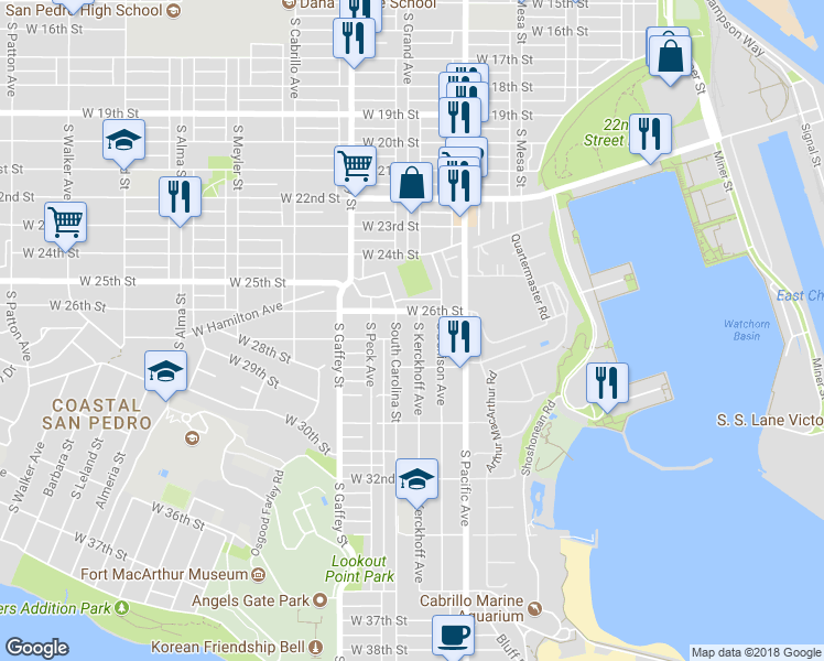 map of restaurants, bars, coffee shops, grocery stores, and more near 2629 South Kerckhoff Avenue in Los Angeles