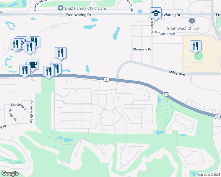 map of restaurants, bars, coffee shops, grocery stores, and more near 75211 Palisades Place in Indian Wells