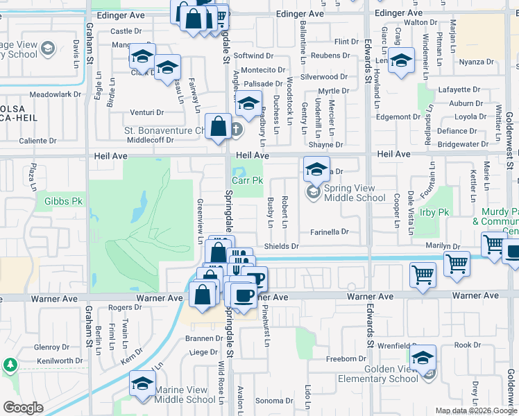 map of restaurants, bars, coffee shops, grocery stores, and more near 16672 Lovell Lane in Huntington Beach