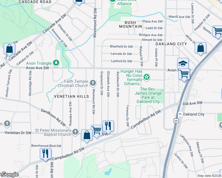 map of restaurants, bars, coffee shops, grocery stores, and more near 1280 Elizabeth Avenue Southwest in Atlanta