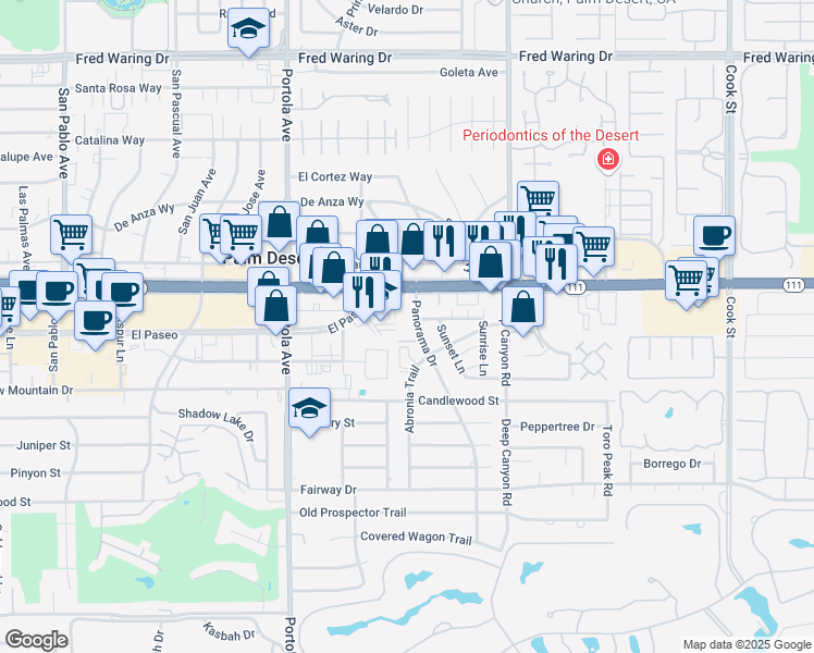 map of restaurants, bars, coffee shops, grocery stores, and more near 45205 Panorama Drive in Palm Desert