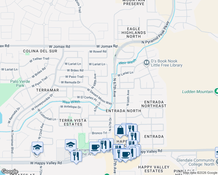 map of restaurants, bars, coffee shops, grocery stores, and more near 25924 North 67th Drive in Peoria