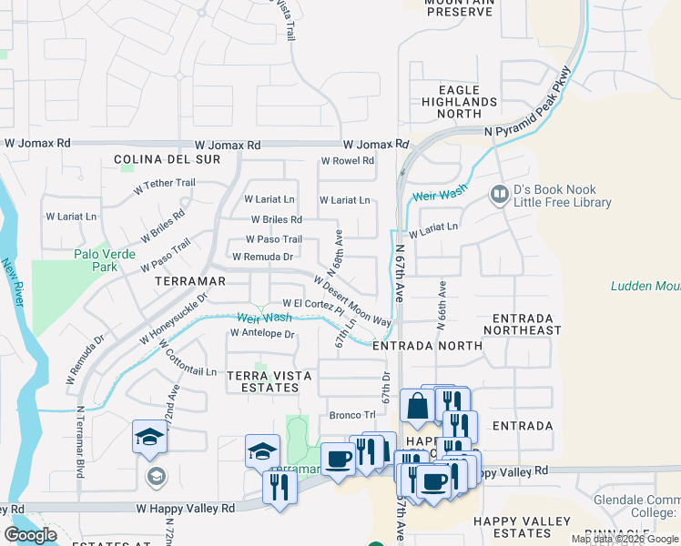 map of restaurants, bars, coffee shops, grocery stores, and more near 25817 68th Lane in Peoria