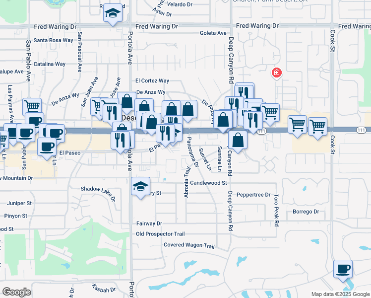 map of restaurants, bars, coffee shops, grocery stores, and more near 45210 Panorama Drive in Palm Desert