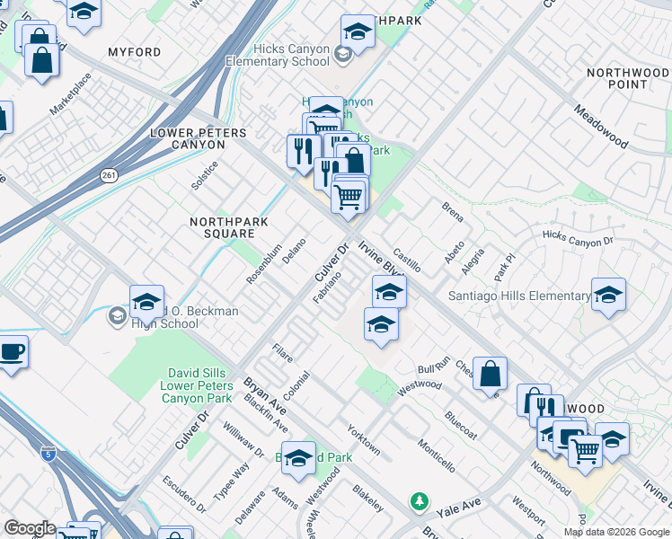 map of restaurants, bars, coffee shops, grocery stores, and more near 2 Iron Springs in Irvine