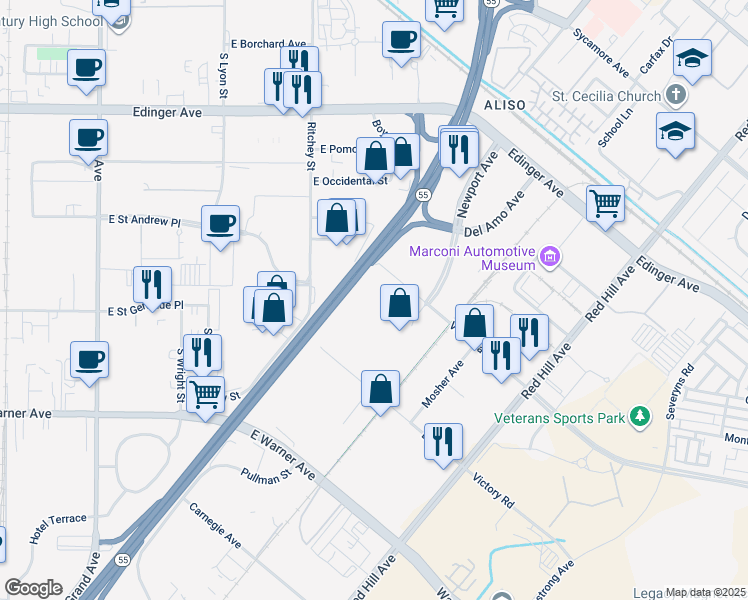 map of restaurants, bars, coffee shops, grocery stores, and more near 1016-1034 Valencia Avenue in Tustin