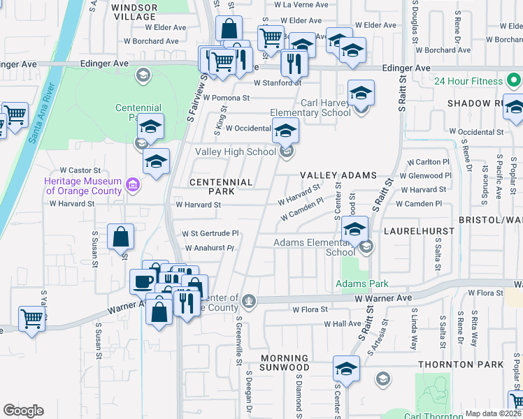 map of restaurants, bars, coffee shops, grocery stores, and more near 2514 West Harvard Street in Santa Ana