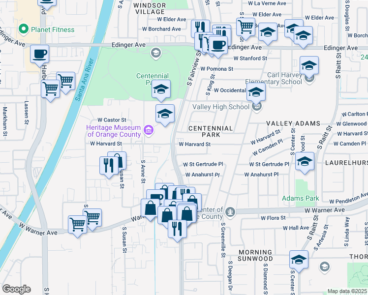 map of restaurants, bars, coffee shops, grocery stores, and more near 2814 West Harvard Street in Santa Ana