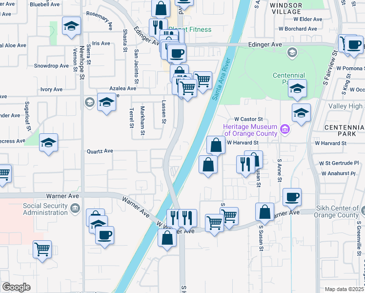 map of restaurants, bars, coffee shops, grocery stores, and more near Santa Ana River Trail in Fountain Valley