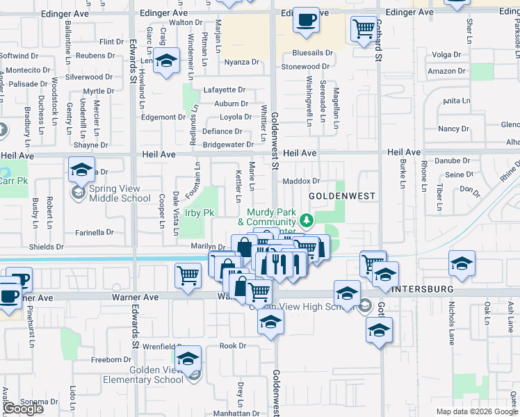 map of restaurants, bars, coffee shops, grocery stores, and more near 6912 Paula Circle in Huntington Beach