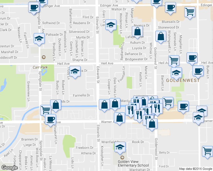 map of restaurants, bars, coffee shops, grocery stores, and more near 6572 Peggy Cir in Huntington Beach
