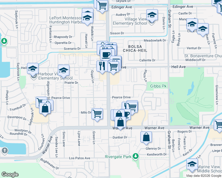 map of restaurants, bars, coffee shops, grocery stores, and more near 16661 Parlay Circle in Huntington Beach