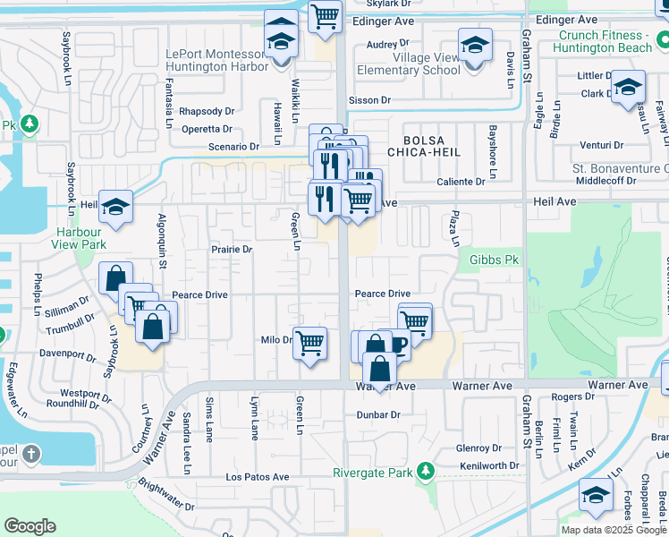 map of restaurants, bars, coffee shops, grocery stores, and more near 16621 Jib Circle in Huntington Beach