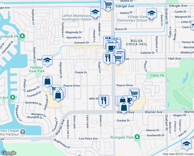 map of restaurants, bars, coffee shops, grocery stores, and more near 4852 Neely Circle in Huntington Beach